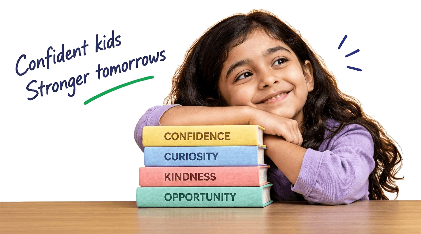 Finquo Junior student resting on a stack of books labelled confidence, curiosity, kindness and opportunity