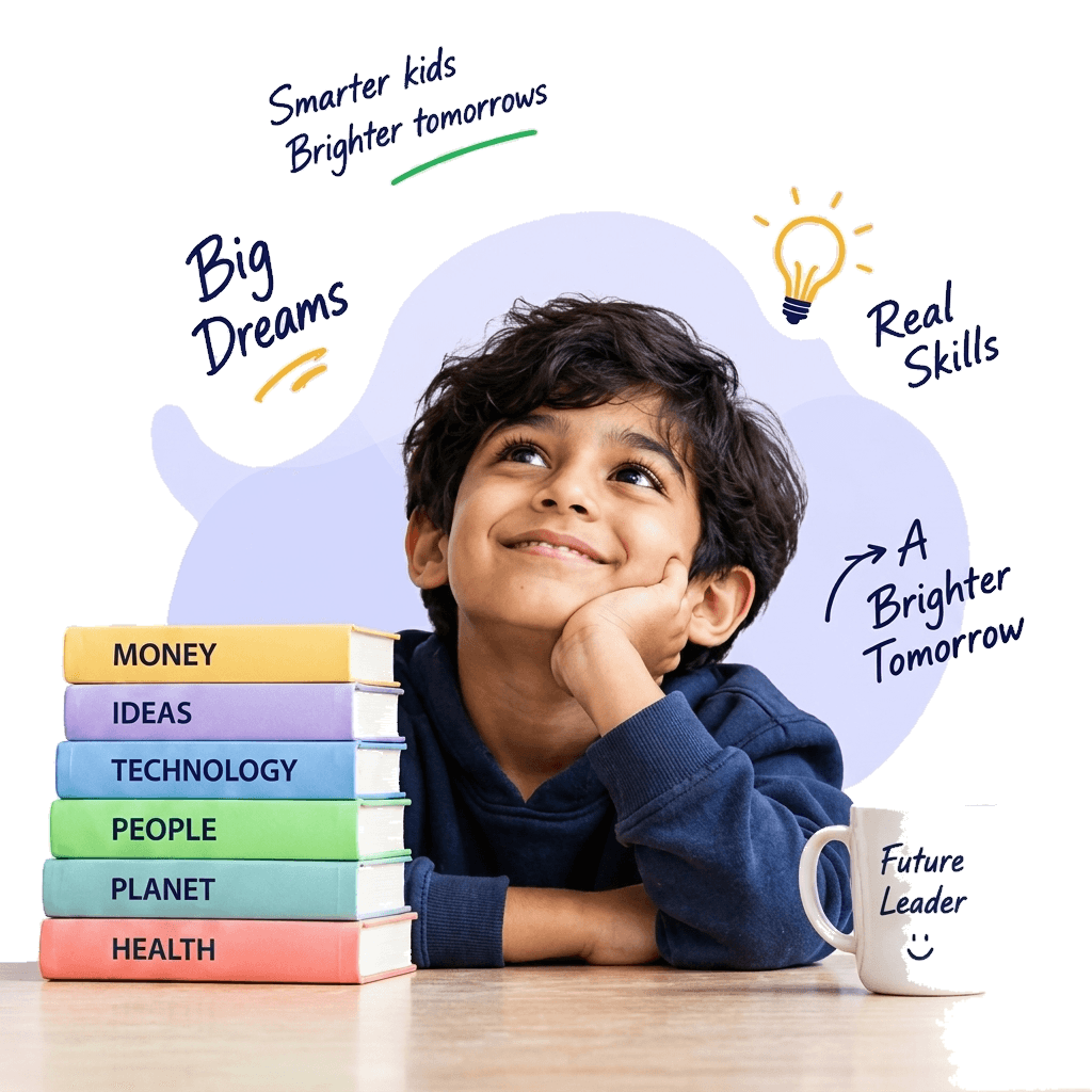 Finquo Junior student daydreaming beside a stack of books on money, ideas, technology, people, planet and health
