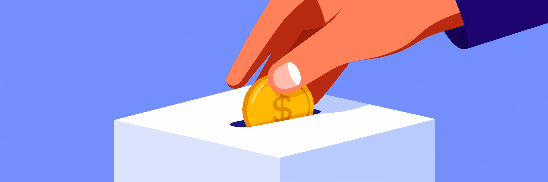 A hand dropping a coin into a savings box
